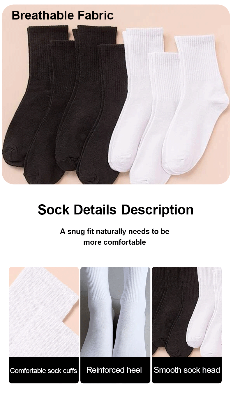 Description Picture 4 of item7/10/20 Pairs Mid Length Socks Women Classic Black White Solid Color Fashionable Casual Sports Absorbing Breathable Men Socks