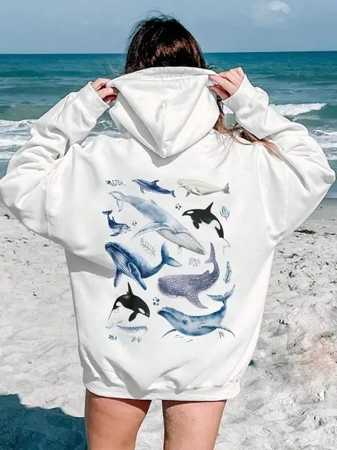 Felpa con cappuccio femminile con stampa balene oceaniche Felpe comode Harajuku Moda O-Collo Qualità con cappuccio Autunno caldo Streetwear Donna 1