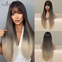 

EASIHAIR Brown to Blonde Ombre Synthetic Wigs with Bangs Long Straight Natural Hair Wigs Women Daily Cosplay Wig Heat Resistant