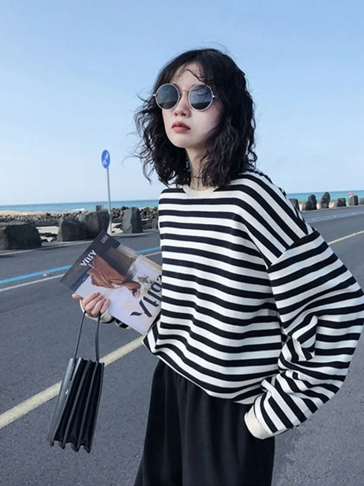 

Hoodies Women Harajuku Gothic stripe cotton Hoodie Clothes 2022 Autumn long sleeve loose Kawaii Korean thin Sweatshirt kpop Tops