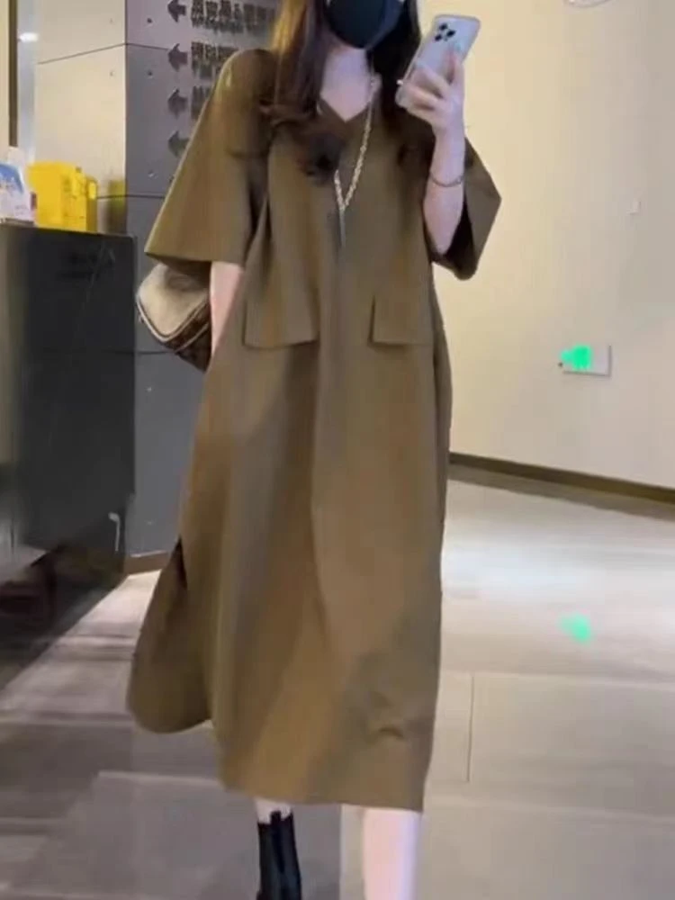 

Summer Women's Dress Casual Loose Blended Cotton Dresses for Women 2023 Korean Fashion Streetwear Vintage Long Dresses Robe