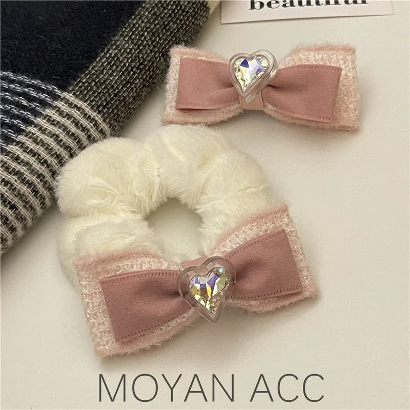 Autumn and Winter Plush Hair Band Bow Heart-Shaped Large Zirconium Headband Female Tie Height Ponytail Leather Band Bun Headband