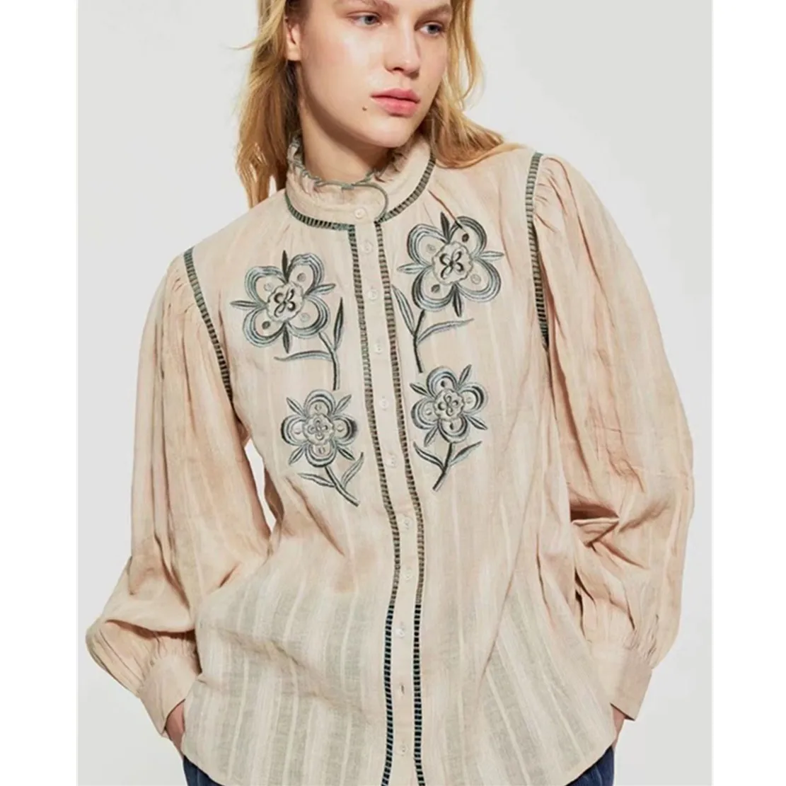 Maxdutti 2024 Spring Shirt Women Vintage Blouse Bohemian Style Embroidery Puff Sleeve Loose Cotton Shirt Casual Tops