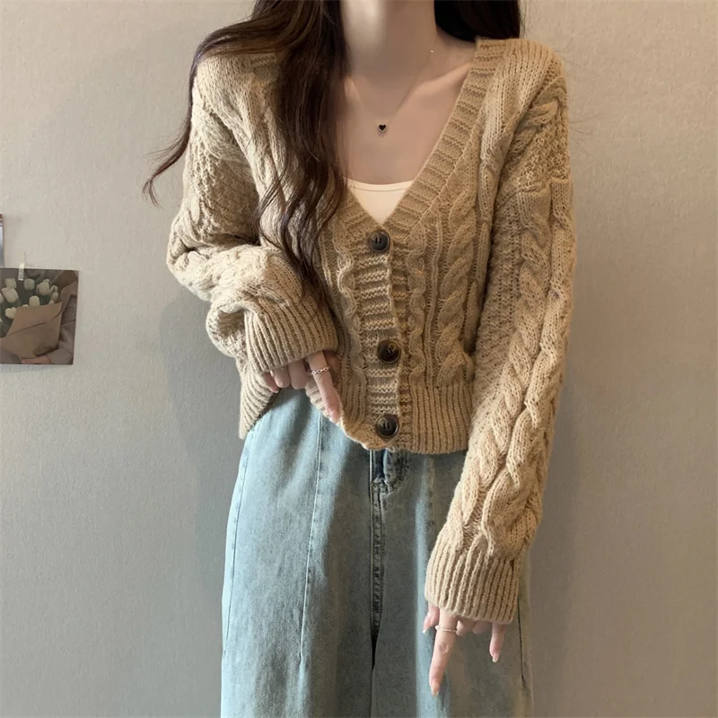 

Women Autumn Winter New V-neck Twist Knit Cardigan Solid Color Cropped Sweater Jacket Tops Cropped Cardigan Kawaii