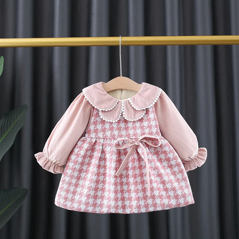 Ropa de otoño e invierno para niñas recién nacidas, trajes de terciopelo cálido, vestido a cuadros con lazo para bebés, vestidos de cumpleaños de 1 año