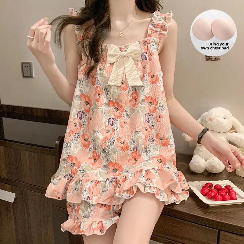 طقم ملابس نوم نسائية صيفية مع وسادة صدر وشريط قطني فقاعي، ملابس منزلية لطيفة على الطراز الريفي يمكن ارتداؤها في الخارج