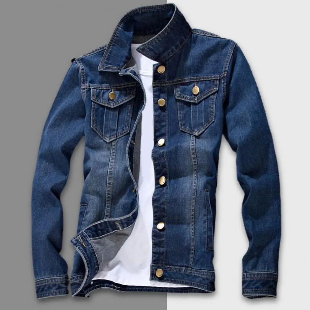 

Teens Denim Jacket Pockets Autumn Winter Dressing Turndown Collar Buttons Jacket Single Breasted Men Jeans Coat for Working