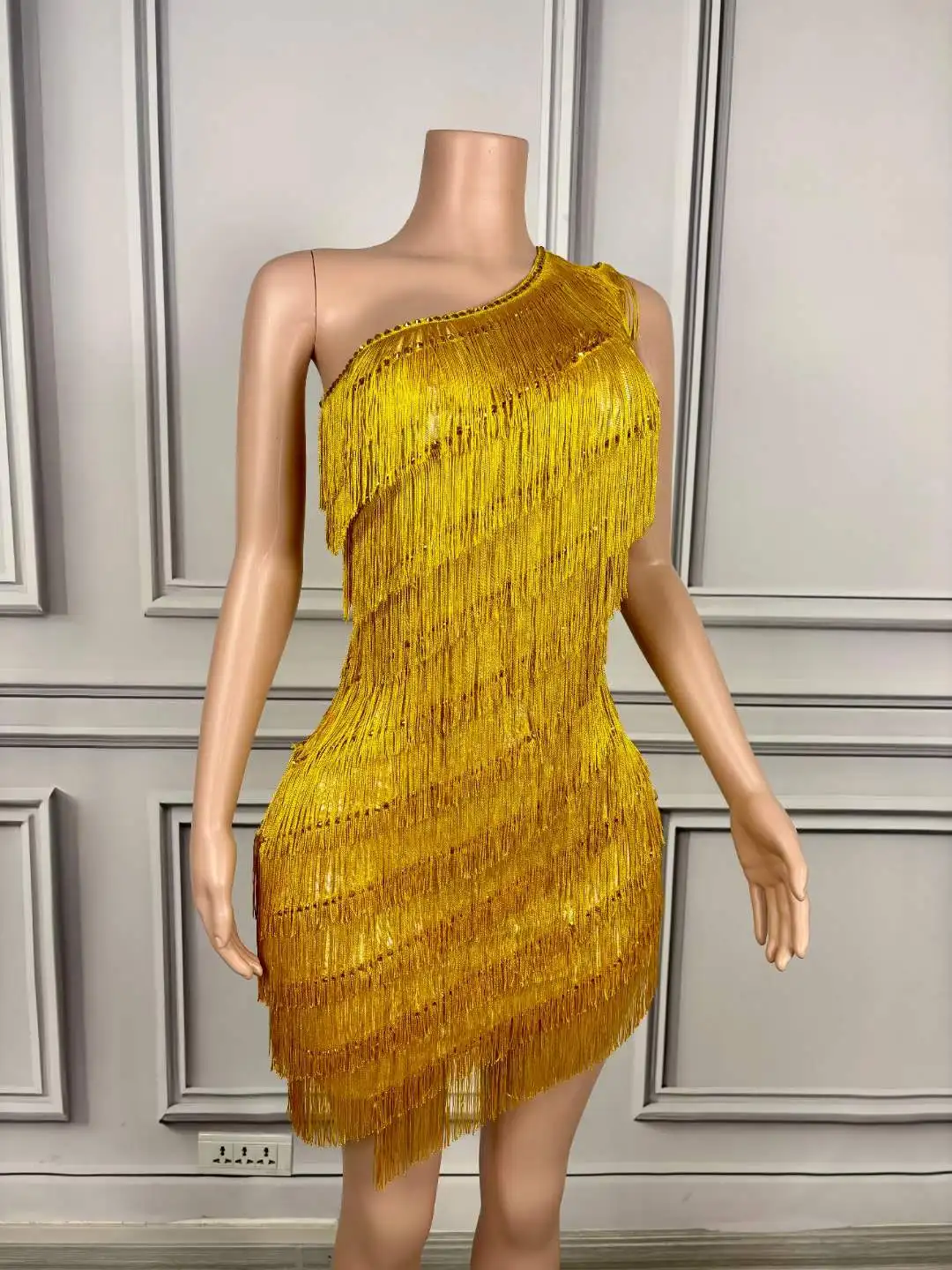 

Gold Silver Tassel Shinning Short Mini Dress For Women Latin Festival Celebrate Stage Wear Sleeveless Evening Birthday Party