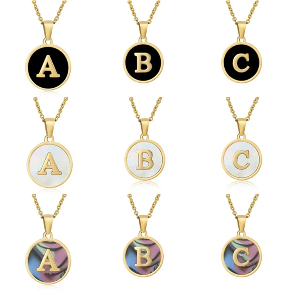 

Round A-Z Letters Necklaces for Women Men Gold Plated Initial Pendant Gold Chain Black Shell Letter Jewelry Necklace wholesale
