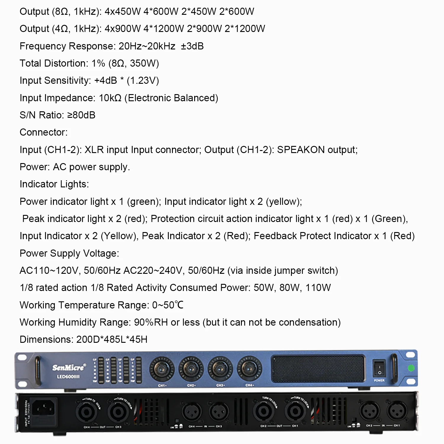 SenMicre LED600 4X600W 8Ohm 디지털 전력 증폭기 4 채널 전문 사운드 증폭기 DJ 서브우퍼 앰프 4X1200W 4Ohm 라인 어레이 스피커 프리앰프 가라오케 무대 성능 오디오 시스템