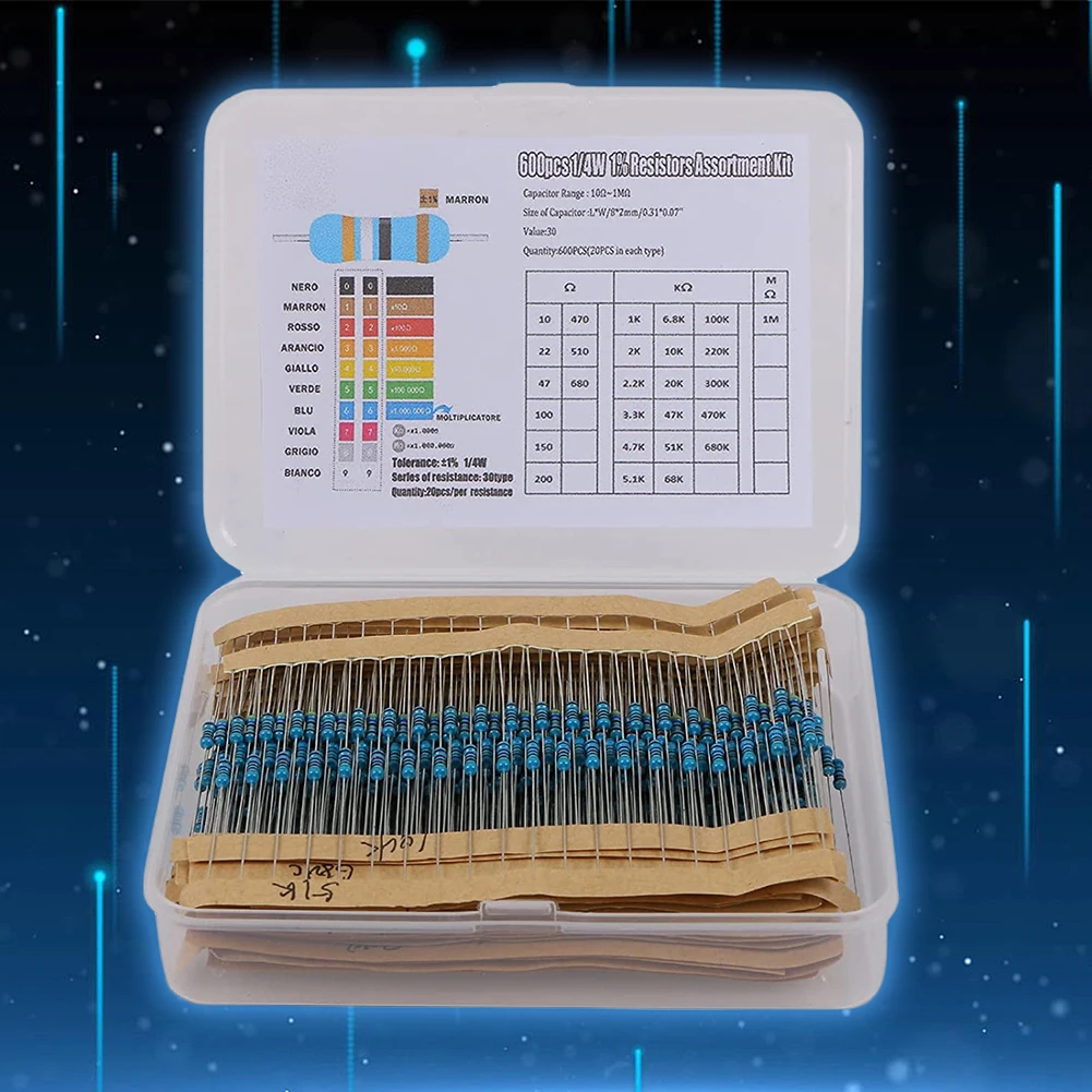 300/600pcs 금속 필름 저항 모듬 키트 10R-1M 저항 1/4W 금속 필름 저항기 팩 모듬 키트 30종
