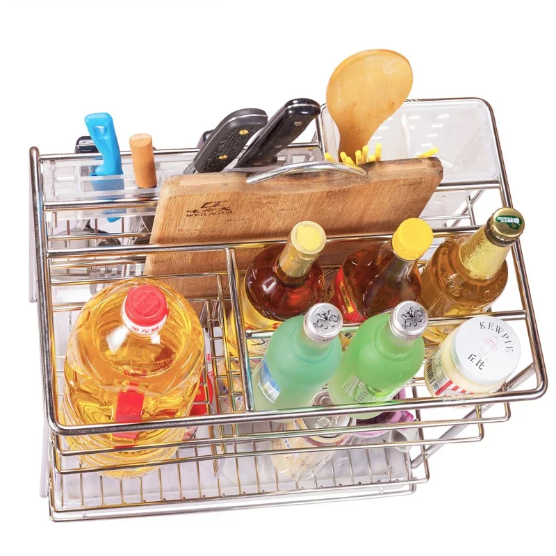 304 stainless steel pull basket damping kitchen cabinet bowl rack seasoning basket rack