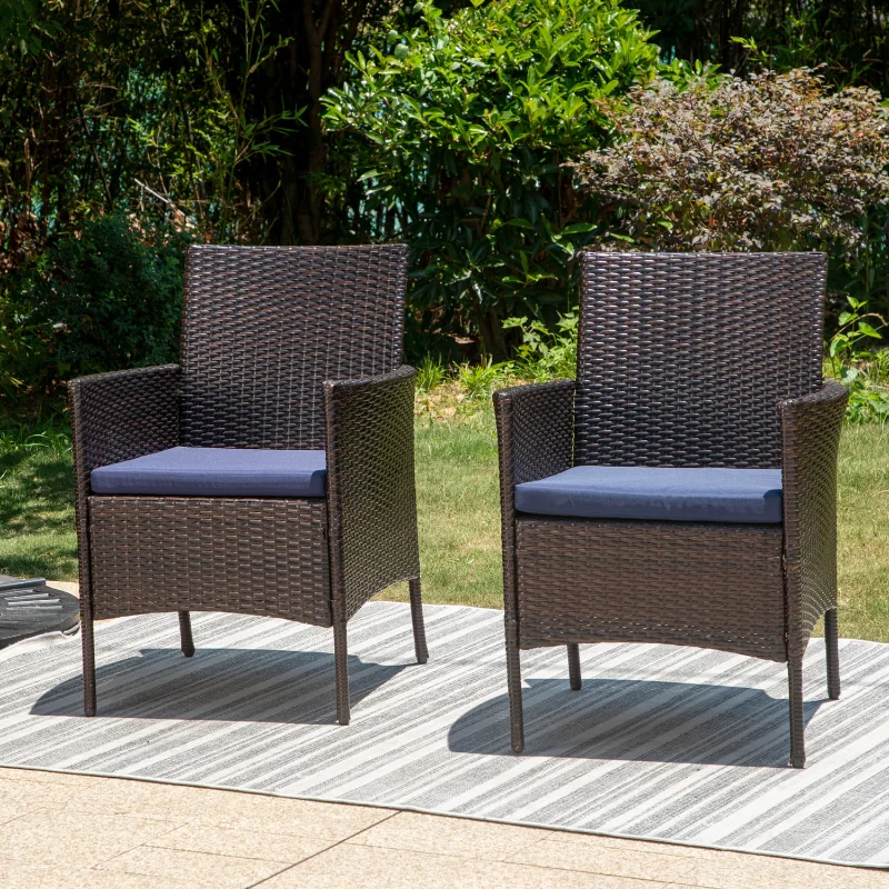 MF Studio Outdoor Patio Dining Chairs Set of 2 Rattan wicker patio chairs with Navy Blue Cushions for Patio, Deck, Porch