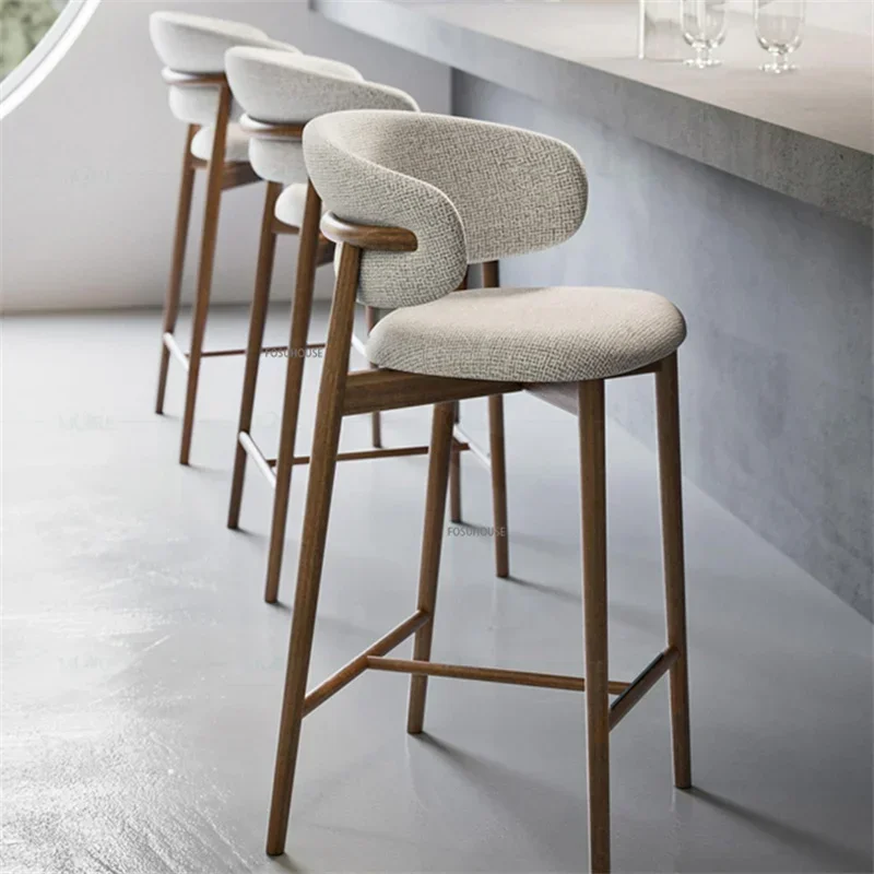 Modern Solid Wood Bar Chair Nordic Bar Stool for Kitchen Light Luxury Cloth High Feet Barstool Household Living Room Stool Chair