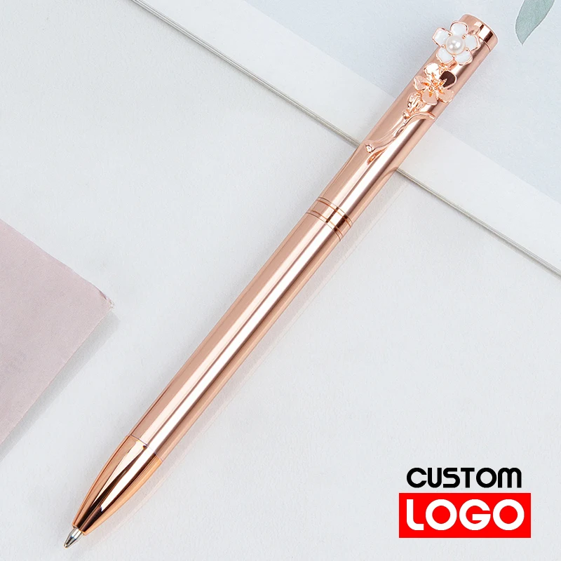 

10pcs Custom Logo or Name Peach Blossom Pearl Metal Ball Point Pen Business Banquet Gift Signature Pen School Stationery