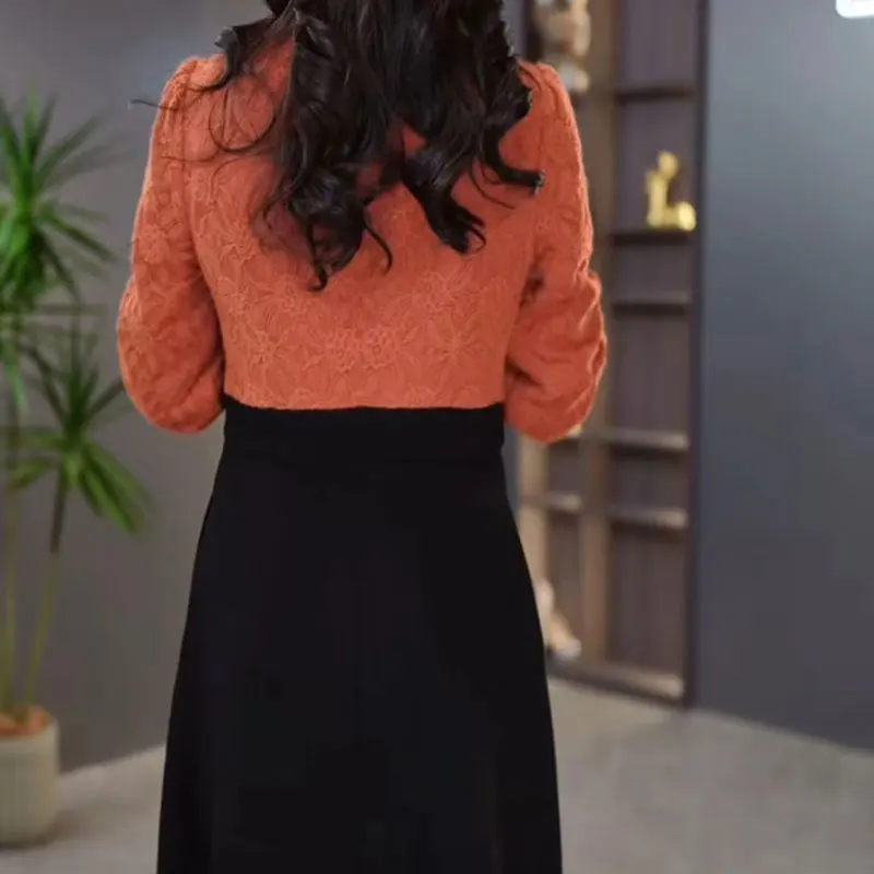 Falso due pezzi eleganti abiti con scollo a v 2024 autunno inverno elegante pizzo Patchwork bottone abbigliamento donna a-line vita Midi Dress 6