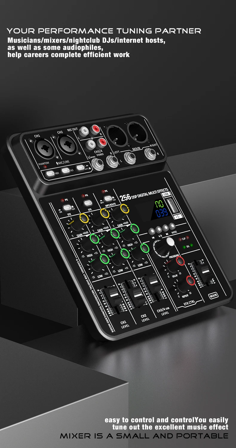 Audio Interface Mixer with Bluetooth USB Recording Computer 48V Phantom Power De