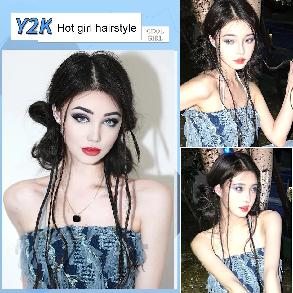 Synthetic 50cm 2-piece/set Y2K bow ponytail, wig braid, Halloween bow hair accessory, Christmas outfit set, loli double ponytail