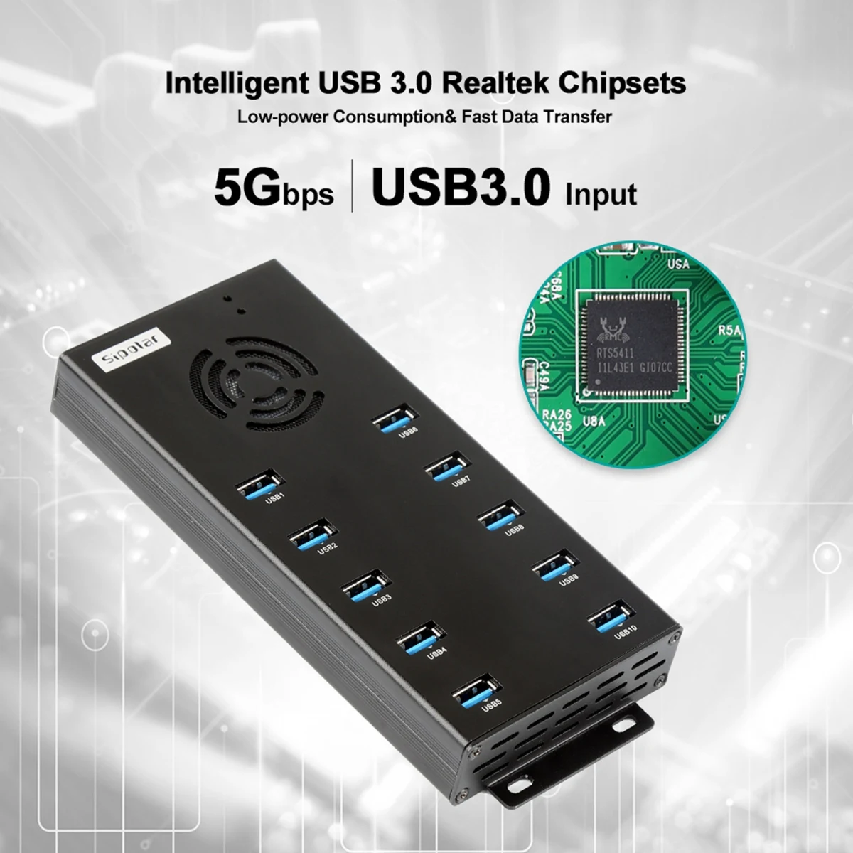 Sipolar A-423 10 Ports Industrial USB3.0 5Gbps Super Speed Data Syncs Charger Hub 2.1A Fast Charging for iPhone iPad Tablets 2