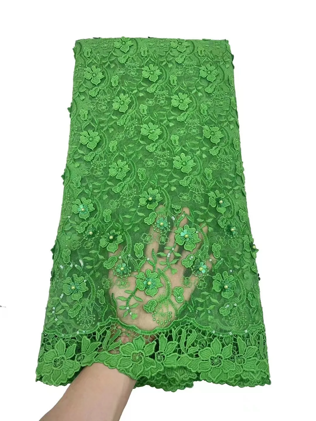 

Green African Sequence Lace Fabric 5 Yards High Quality French Lace Fabric Nigerian brades Wedding Asoebi Dress Sewing