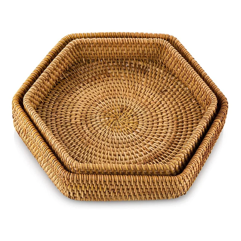 

2Pcs Woven Rattan Tray Hexagon Decor Serving Tray Display Storage Trays For Coffee Table Fruit Food Drinks Snack Platter