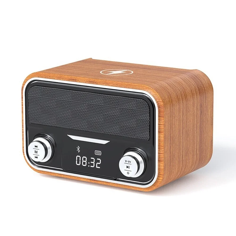 

Wooden Bluetooth Speaker Desktop Clock Subwoofer FM Radio with Wireless Charging Retro Small Speaker