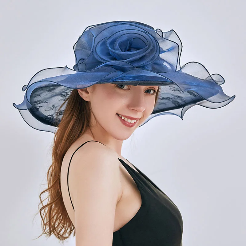 

New Summer Women Wide Brim Elegant Flowers Organza Sun Hat Fashion Foldable Church Hat Ladies Anti-UV Sunscreen Travel Beach Cap