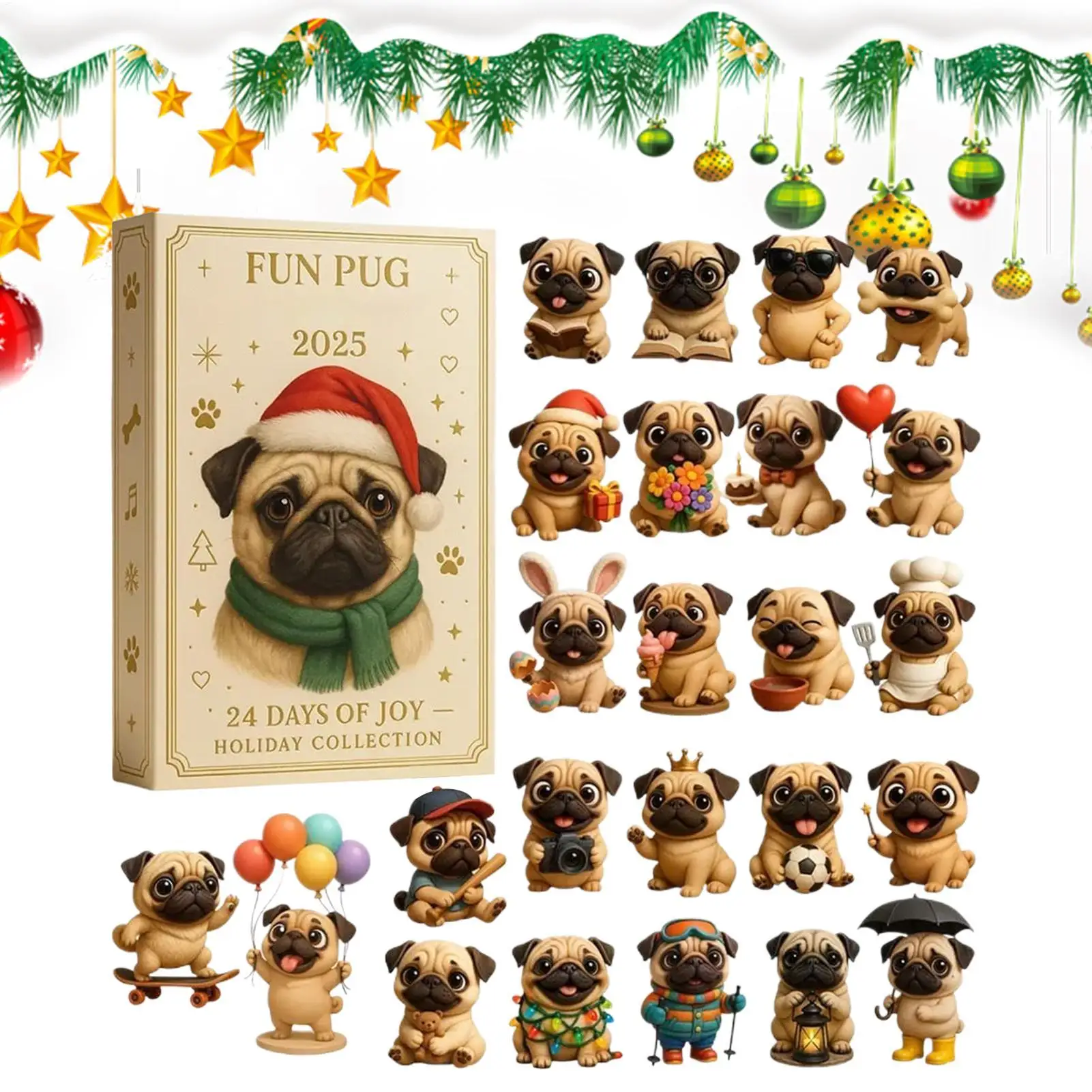Pug Christmas Advent 2025 24 Days 2D Acrylic Dog Xmas Tree Decoration Pug Tree Ornament Countdown Calendar for Kids Adults Gifts
