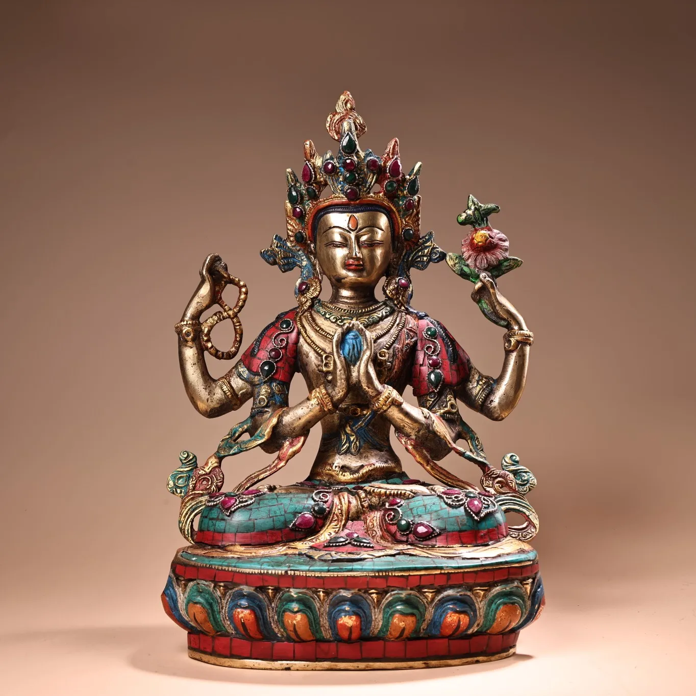 

12"Tibetan Temple Collection Old Bronze Painted Outline in gold Mosaic Gem Turquoise Four Armed Guanyin Buddha Worship Hall