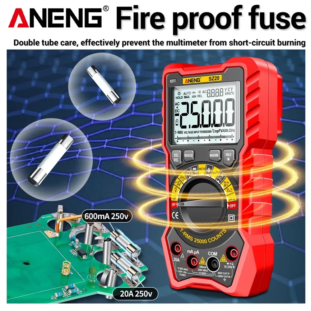 Aneng SZ20 25000 Counts Multimeter Smart Manual Range Meter Ncv Ac Dc Ohm Hz Smart Manual Range Digitale Multimetro Tester gereedschap