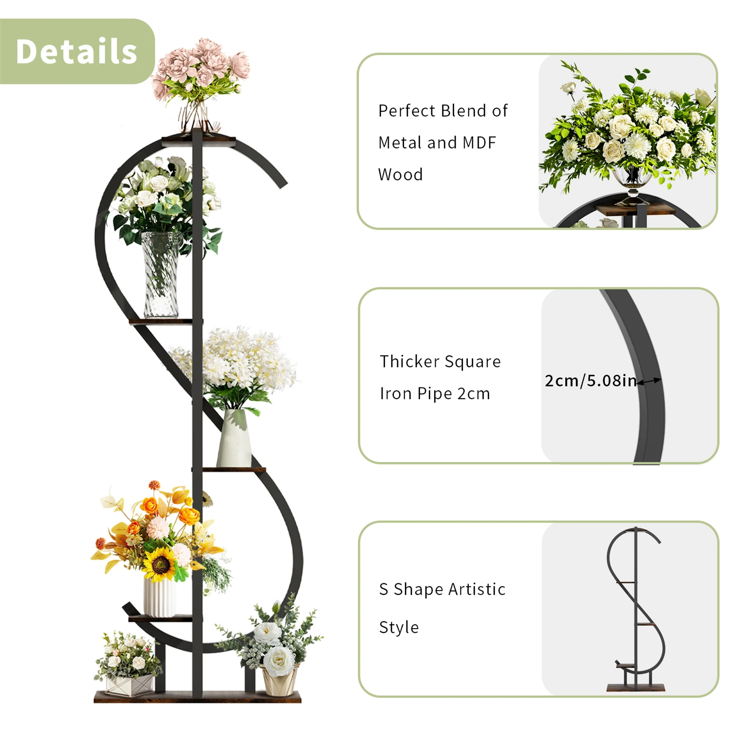 153CM Tall S-Shaped Vertical Plant Stand Multilayer Garden Flower Pot Stand Display Holder Wood and Metal