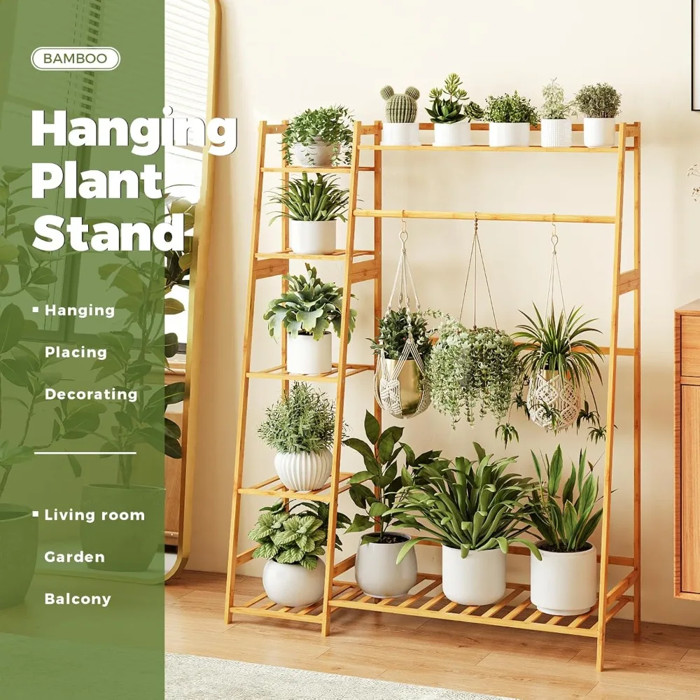Bamworld Hanging Plant Stand Indoor, Bamboo Large Plant Shelf for Multiple Plants, Tall Ladder Coat Flower Rack for Window