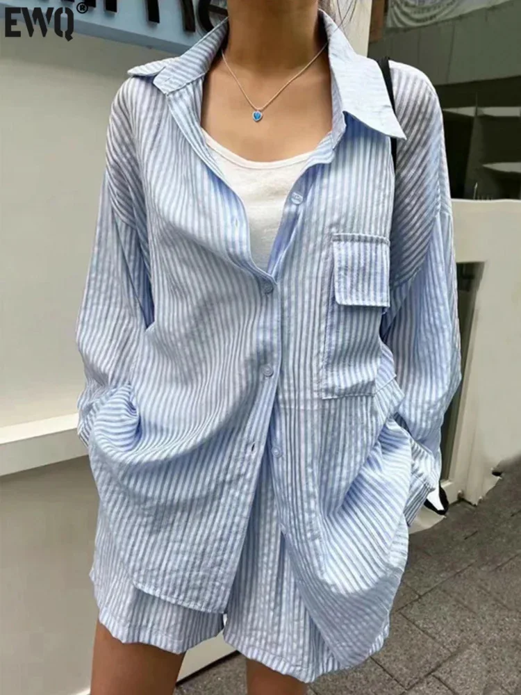 

Женский костюм-двойка с рубашкой и шортами [EWQ], черный повседневный костюм в Корейском стиле, свободная рубашка с длинными рукавами и отложным воротником, однобортная блузка и шорты, 16U8352, весна-лето 2024