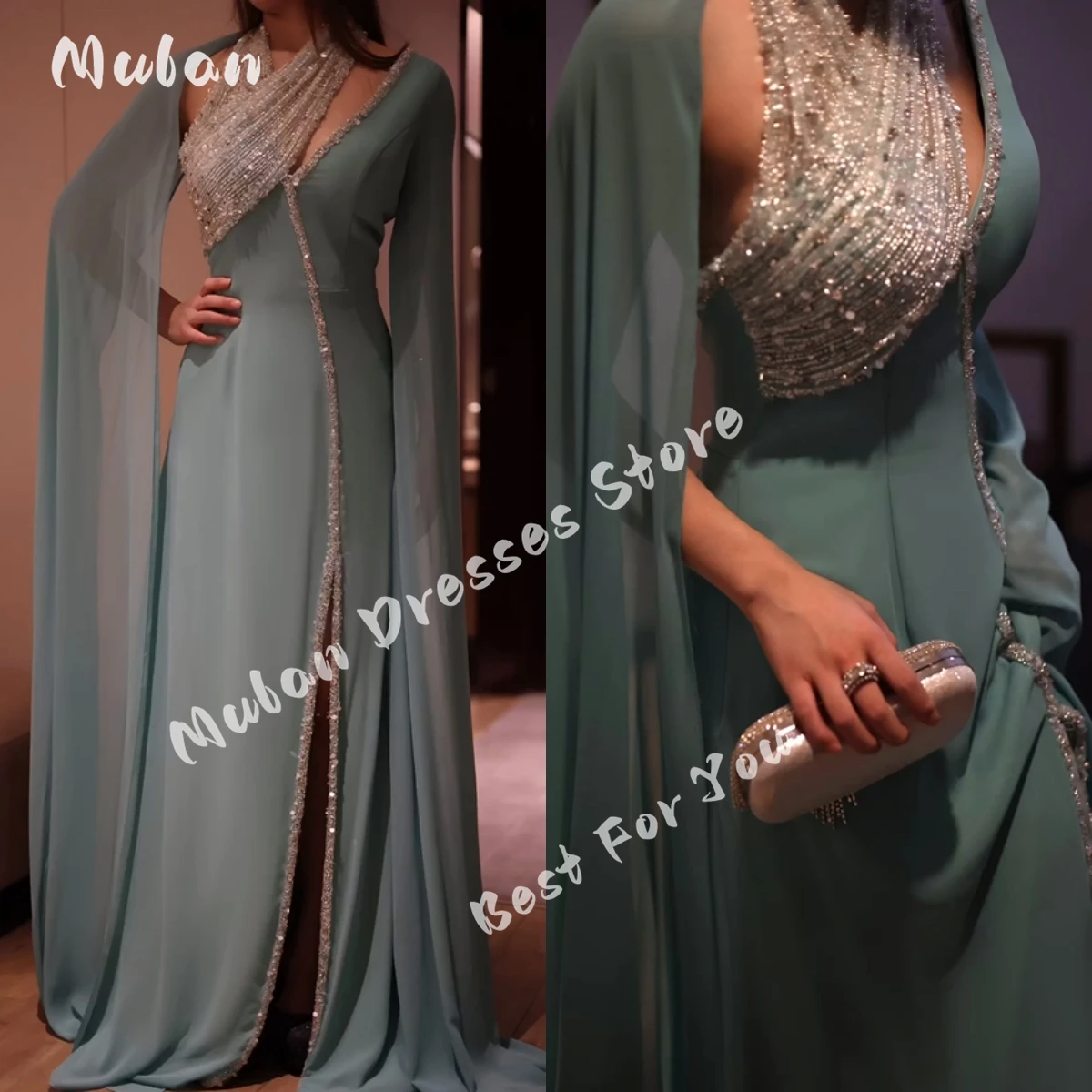

Shiny Sequin Tulle Sparkly Halter Evening Dresses 2024 V-neck Cape Sleeves Arabia Formal Occasion Prom Dress Party Gown