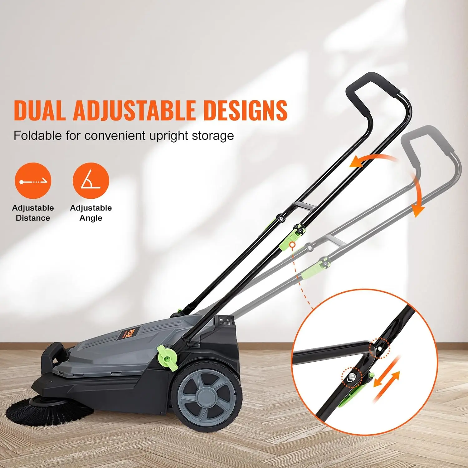 Walk-Behind Hand Push Floor Sweeper, 25.6" Sweeping Width Floor Sweeper Manual Non-Electric, 5-Gallon Waste Container,USA