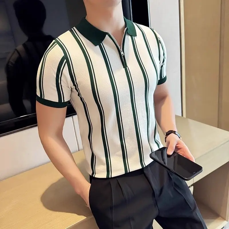 Summer Men's Striped Polo Shirt with Zipper Collar
