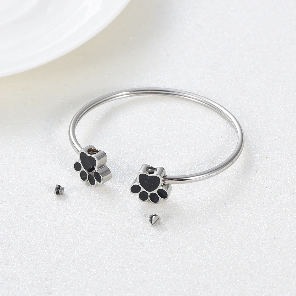 Paw Pendant Stainless Steel Bangle Cremation Urns for Dog Cat Pet Ashes Memorial Jewelry Funeral Open Keepsake Bracelet