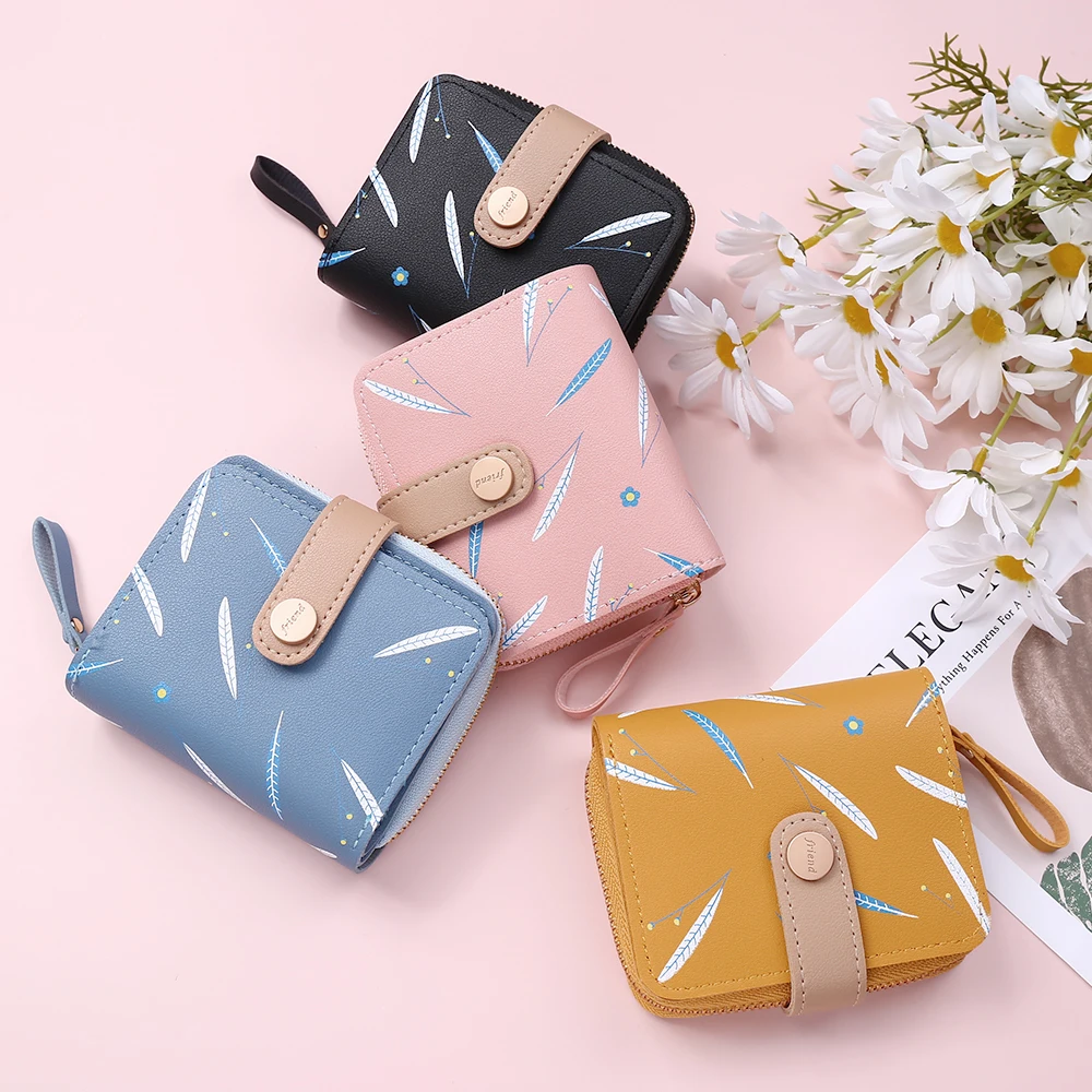 

MOONBIFFY 1 Pc Women Leaf Pattern Card Holder Zipper Credit Bank Card Case PU Leather Female Organizer Case Student Coin Purse