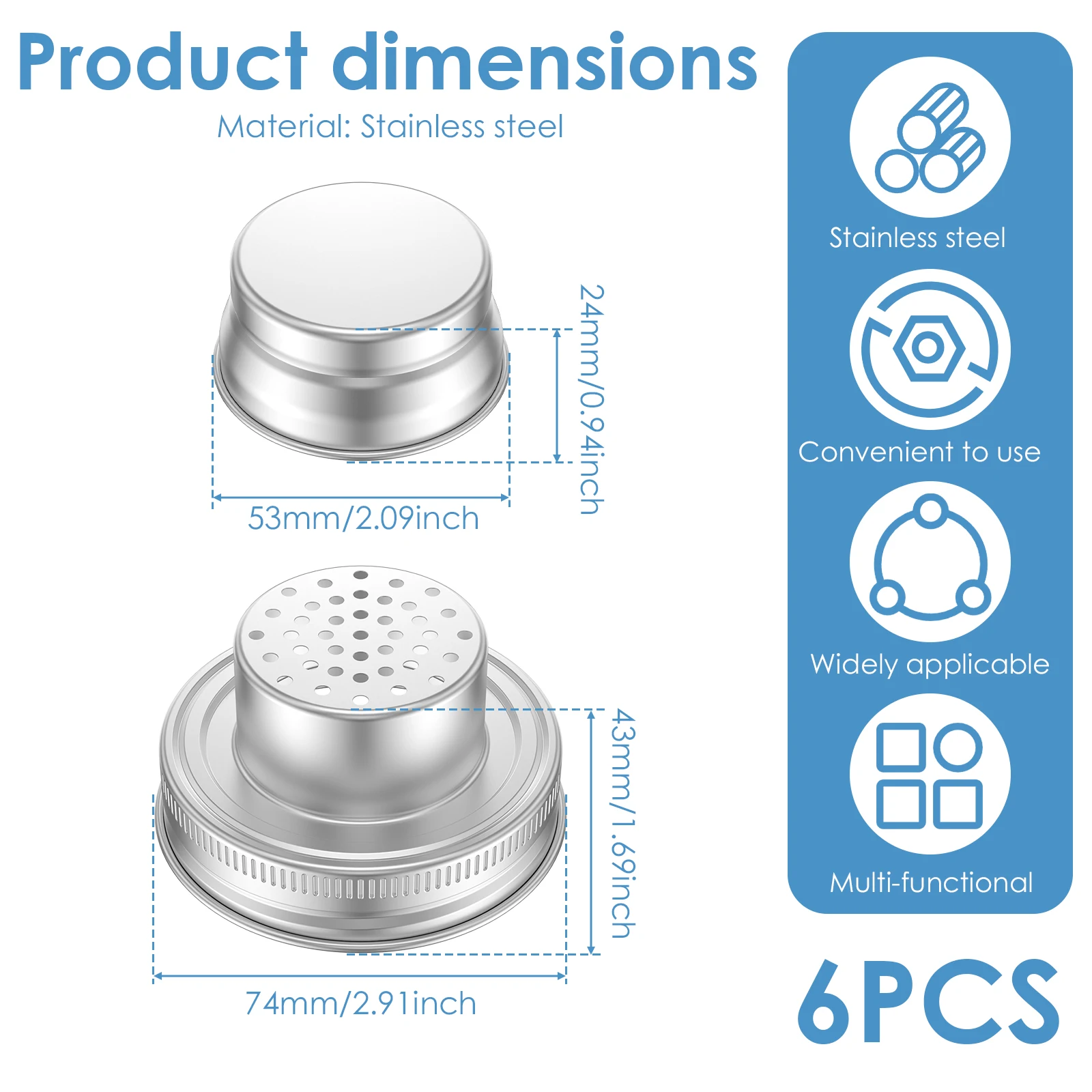 6Pcs Mason Jar Shaker Lids Caps Stainless Steel Shaker Cap with Sealing Silicone Gasket Glass Jar Shaker Lid for Spices Cocktail