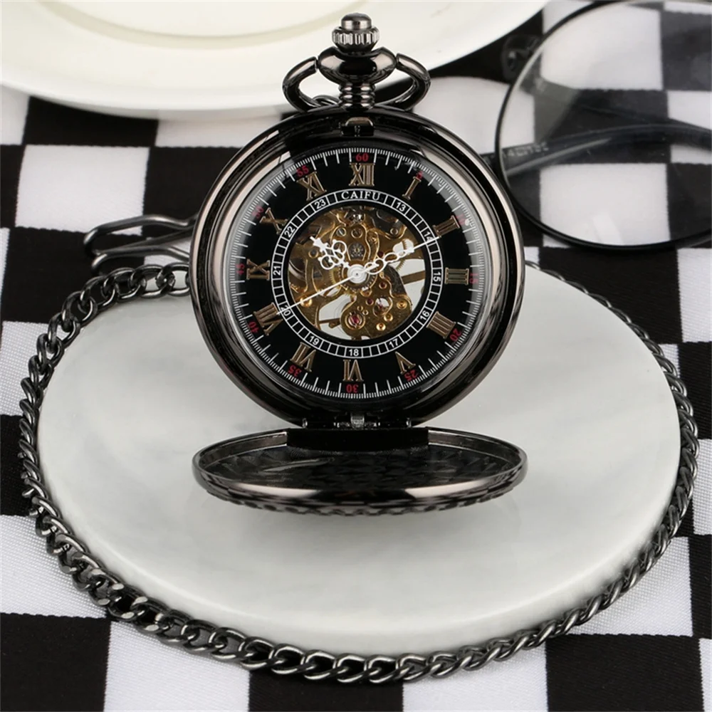 Requintado Masculino Feminino Preto Correndo Locomotiva Bolso Relógio Mecânico Esqueleto Mão Vento Antigo Pingente - Image 5