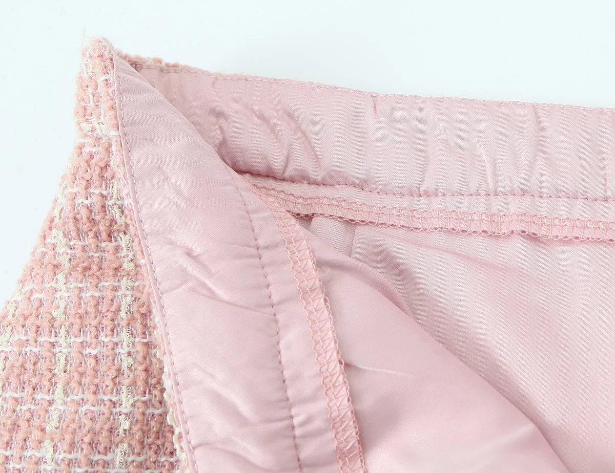 2 pieces 1 Set French Style Retro Pink Plaid Woven Tweed Blazer + High Waist Mini Shorts Pants Suits