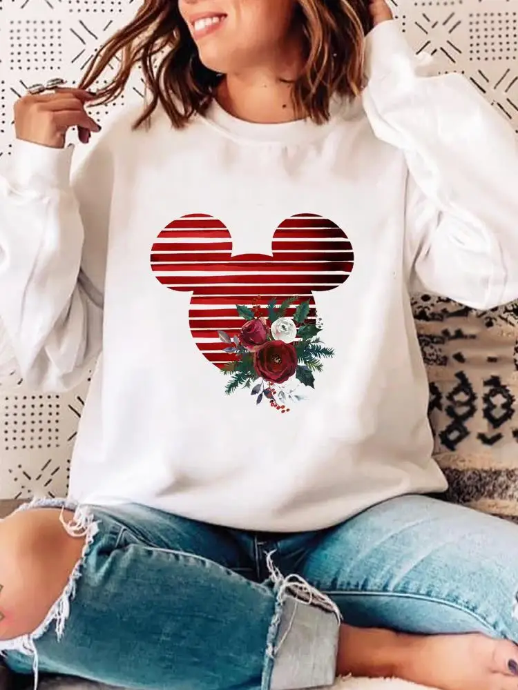 

Striped Flower Autumn Spring Fashion Print Mouse Ear Head Pullovers Holiday Cartoon Women Casual Female Graphic Sweatshirt