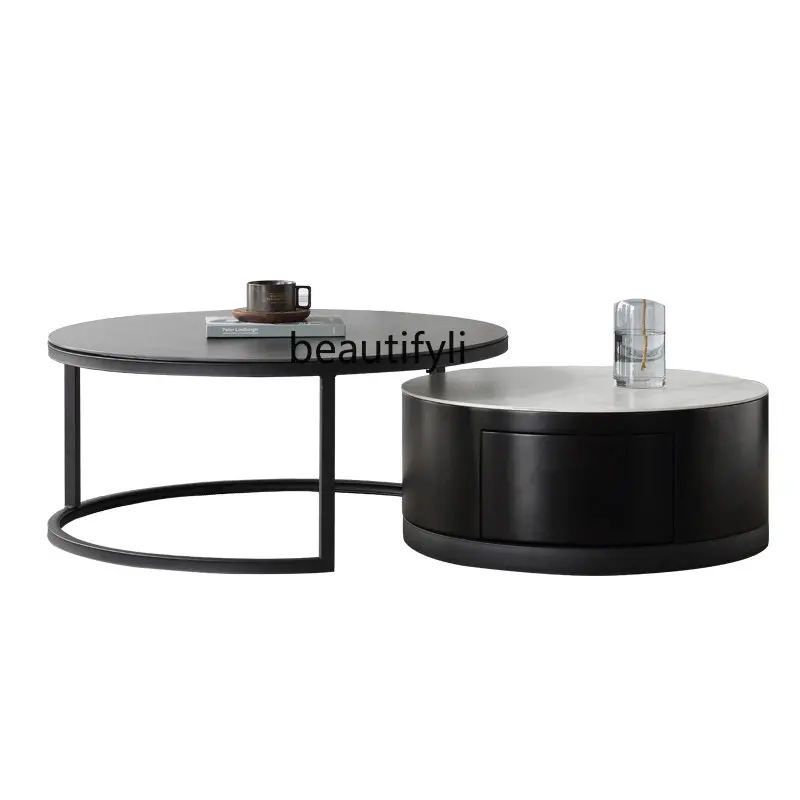 

Italian Minimalist Stone Plate Coffee Table Household Small Apartment Size round with Drawer Retractable Coffee Table
