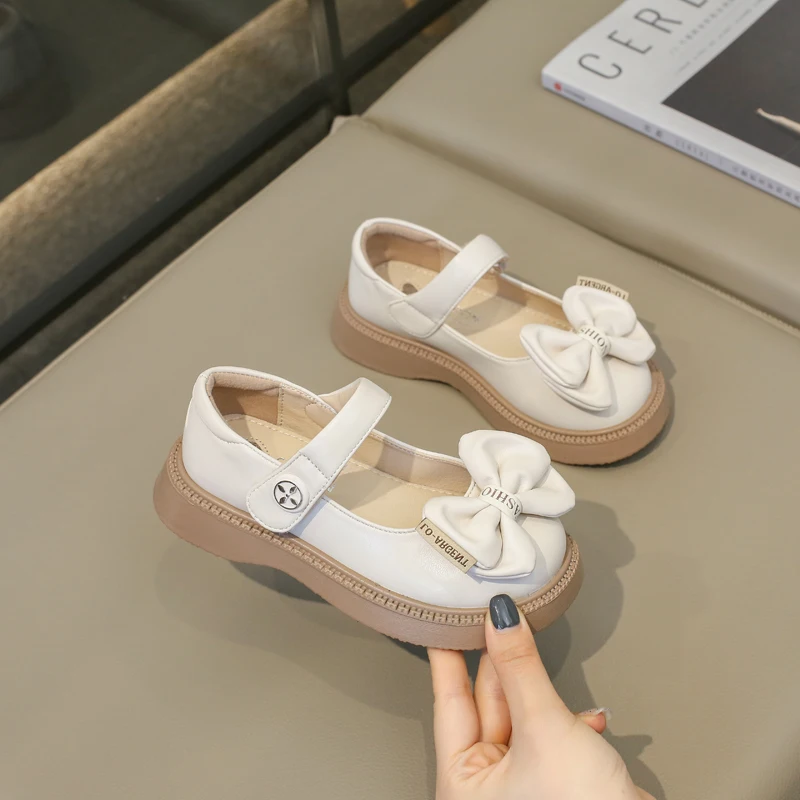 Kids Leather Shoes for Girls Round-toe Bow Hook & Loop Spring and Summer Thick Bottom Soft Princess Shoes Simple Non-slip