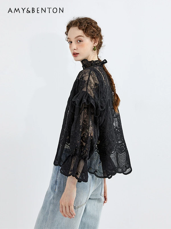 

Женская кружевная рубашка с вышивкой, элегантная плиссированная блузка во французском ретро-стиле с воротником-стойкой и длинным рукавом, лето