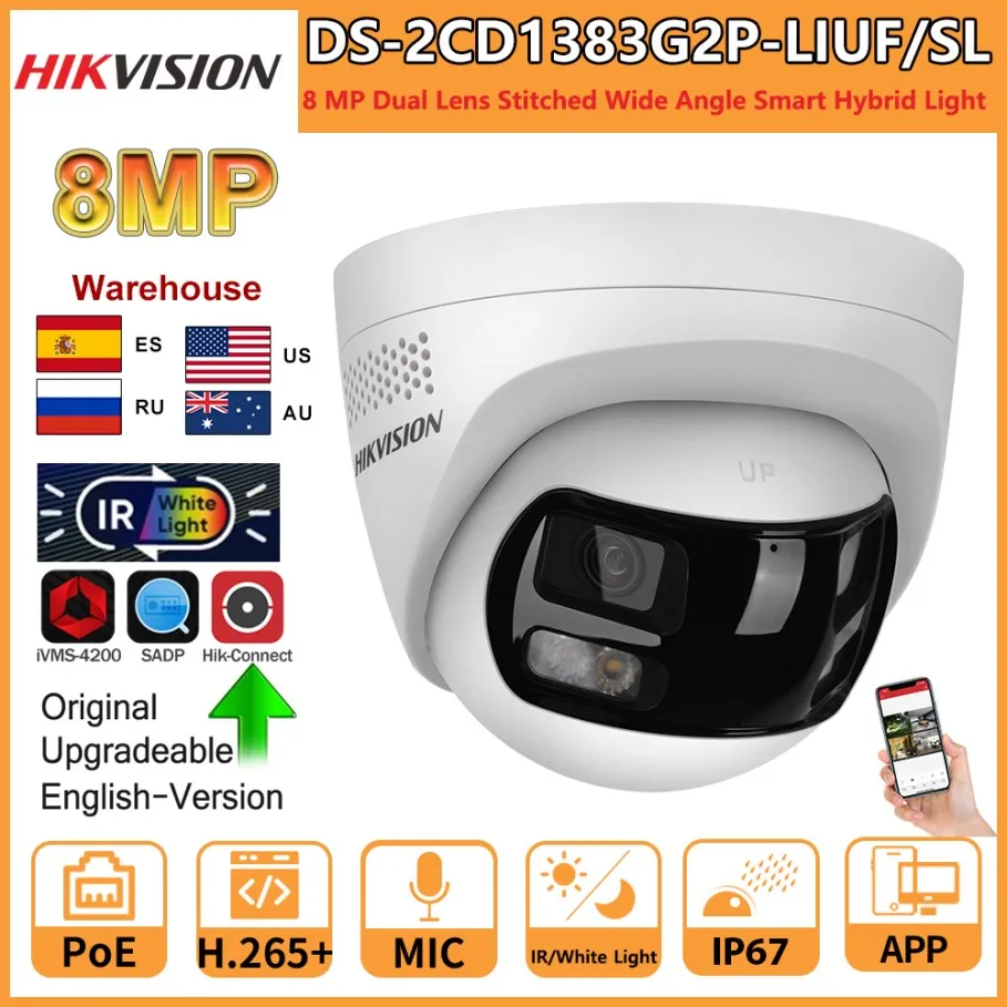 Hikvision 8MP IP Camera DS-2CD1383G2P-LIUF/SL Dual Lens 180° View Smart Hybrid Light Camera 2-way Audio Strobe Light Audio Alarm