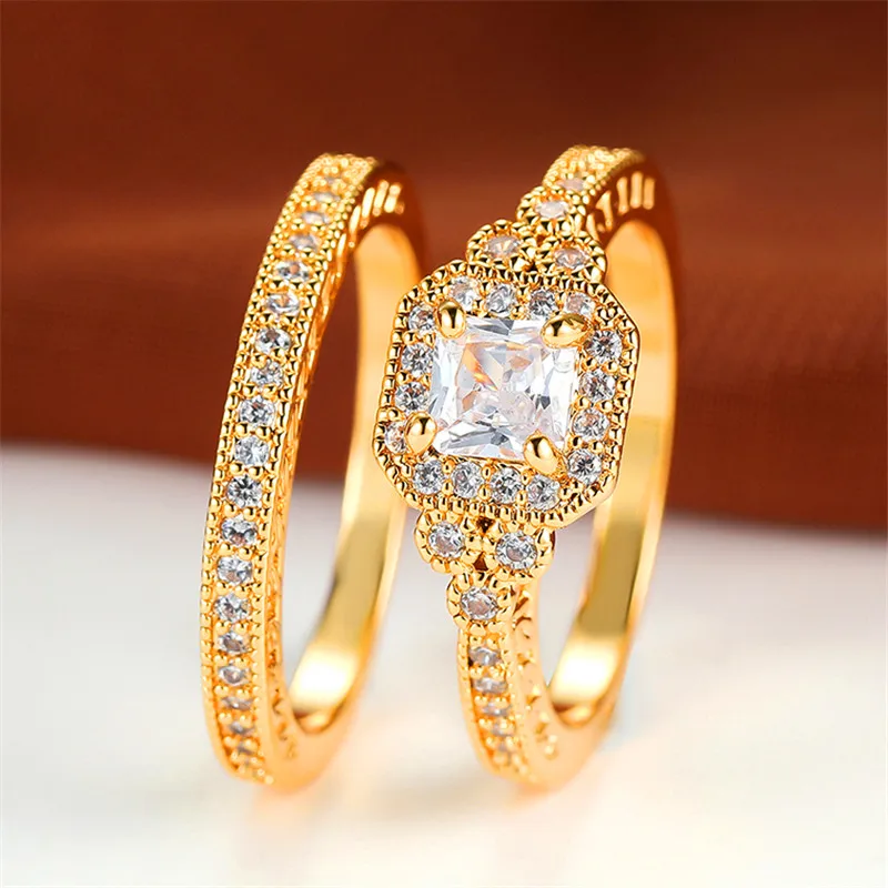 Luxury Female Crystal Purple Zircon Stone Engagement Ring Set Cute Wedding Jewelry For Women