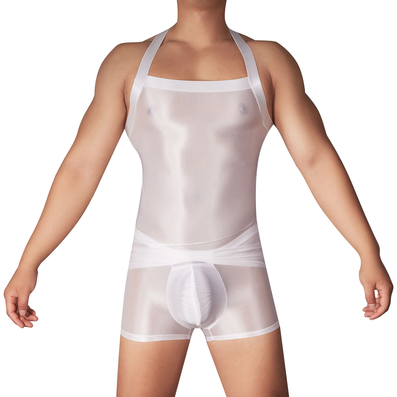 

Mens Glossy Semi See Through Tops Cross Back Stretchy Slim-Fit Vest for Nightclub Pole Dancing Pool Party