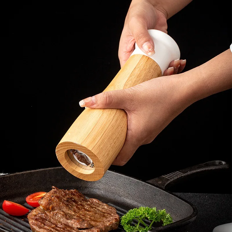 Rubber Wood Top Black White Salt Pepper Grinder Seasoning Spice Mill 8inch