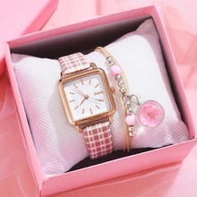

Elegant Watch Women Square Dial Fashion Casual Plaid Leather Belt Watches Simple Ladies' Quartz Bracelet Clock Set Reloj Mujer